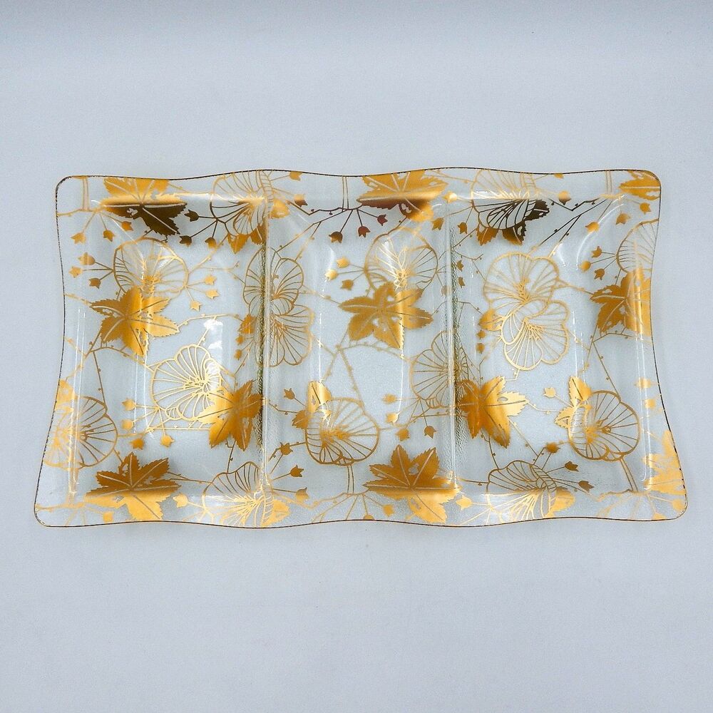 MCM Glass Divided Serving Tray Gold Leaf Graphic Hollywood Regency Unmarked